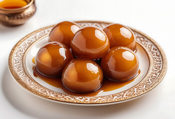 Traditional Indian Gulab Jamun Dessert Served on Ornate Plate with Sweet Syrup on White Background