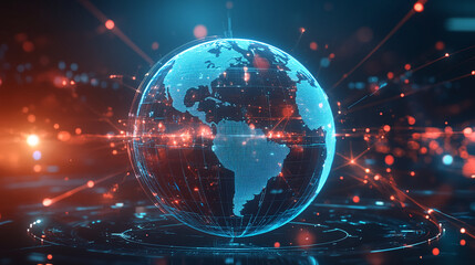 Obraz premium Digital globe, glowing blue and red, on dark platform, showcasing global network connections, symbolizing technology, communication, and worldwide connectivity