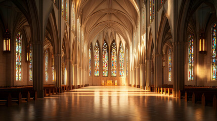 Obraz premium Spacious Grand Cathedral Interior With Stained Glass Windows