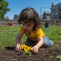 Children gardening outdoors in a backyard setting.