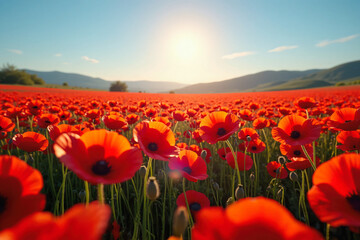 Fototapeta premium Vast field of red poppies in bloom under clear sunny sky. Generative AI