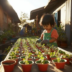 Children gardening outdoors in a backyard setting.