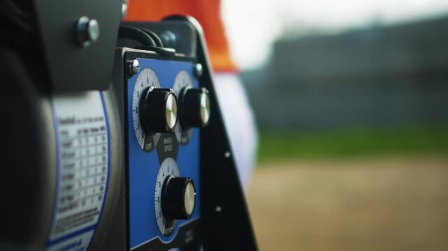 Hand calibrating a baseball pitching machine. Close up