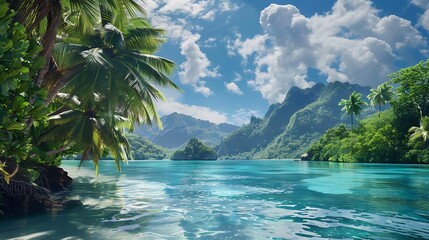 A hidden tropical paradise with a turquoise lagoon and exotic palm trees swaying in the breeze