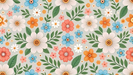 vibrant floral pattern with pink, white, orange, and blue flowers surrounded by green leaves on a light gray background for fabric design, wallpaper, stationery, and decorative projects

