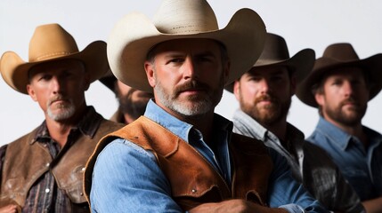 A line of rugged men in cowboy hats against a stark white background studio