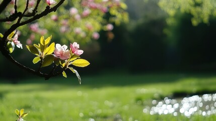 Obraz premium Serene Spring Landscape with Blooming Flowers and Lush Greenery Under Gentle Light in a Peaceful Natural Setting