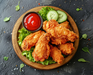 Delicious crispy chicken nuggets served on wooden plate in a restaurant. Crispy chicken nuggets with tomato sauce.