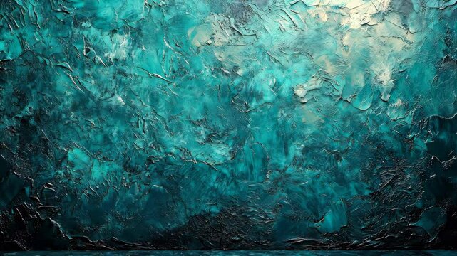 Roughly painted wall with teal, green, and blue tones, featuring bold texture and abstract expressionist style.
