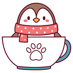 Cartoon Penguin in Cup Wearing Scarf with Paw Print, Adorable Kawaii Animal Art