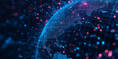Abstract digital globe, blue and pink lights, network connections, showcasing global communication, data flow, technology concept