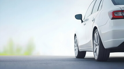 Fototapeta premium White Automobile On Paved Road With Blue Sky And Blurred Green Foliage Background