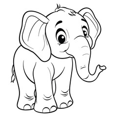 Cute Cartoon Elephant - Black and White Line Art