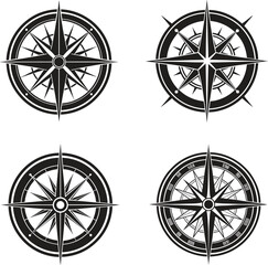 Navigation Compass Set: Four detailed navigational compass designs with a vintage, monochrome aesthetic, ready for illustrating direction and exploration.