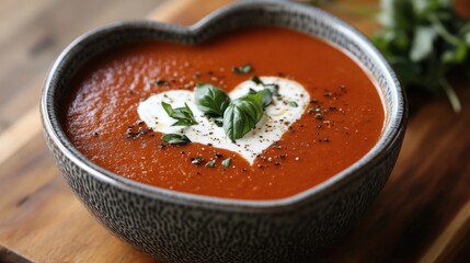 Filled with rich tomato soup, a heart-shaped bowl garnished with a swirl of cream and fresh basil for a cozy touch.