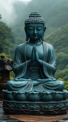 Fototapeta premium Sculpture of seated Buddha in tranquil garden surrounded by misty mountains and lush greenery during early morning hours