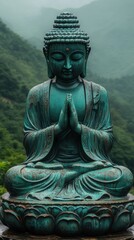 Obraz premium Serene bronze statue of Buddha in mountain landscape surrounded by lush greenery