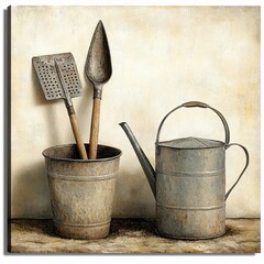 Fototapeta premium Gardening tools arrangement indoor setting still life art rustic environment close-up view home decor concept