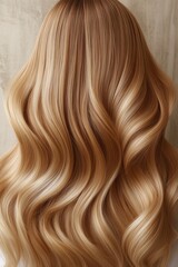 Fototapeta premium Long wavy golden blonde hair styled elegantly, showcasing a smooth and glossy finish in a modern setting during bright daylight hours