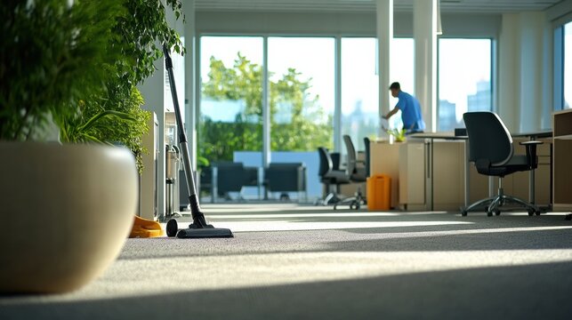 Janitor vacuums carpet in a quiet office corner with ergonomic chairs and desks neatly arranged nearby Generative AI