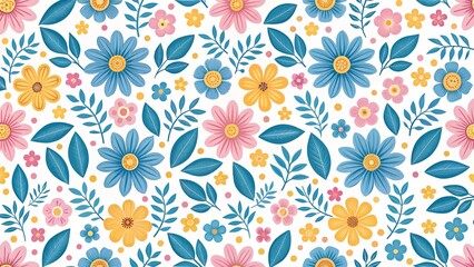 vivid floral pattern featuring blue, pink, and yellow flowers with lush green leaves on a white background, ideal for wallpaper designs, fabric printing, gift wrapping, stationery, and digital backgro