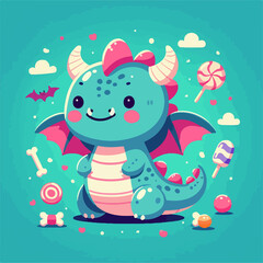 Obraz premium A cartoon dragon is standing on a blue background with a bunch of candy