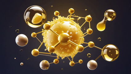 Vector bio abstract medical icon, yellow collagen ball, jojoba nano 3D cell, and gold oil molecule set.  Natural bubble kit, beauty science, skin care molecular concept.  Illustration of an atom in a 