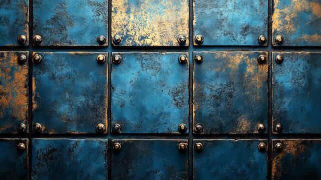Grungy blue metallic wall made of square panels with bolts and distressed textures, evoking industrial and steampunk vibes.

