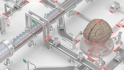 3D illustration of a brain being processed in a futuristic factory setting, highlighting the concept of AI and advanced technology. The image uses a strong composition.