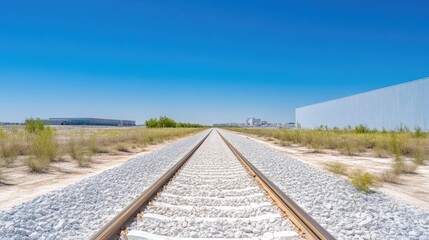 Fototapeta premium Empty railroad tracks stretching into the distance under a clear blue sky. A vast industrial landscape stretches out on either side