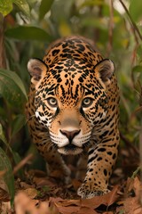 Obraz premium Majestic jaguar prowls through dense foliage, showcasing strikin