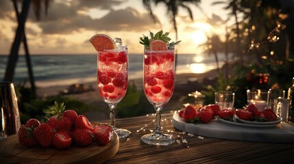 Beach sunset cocktails, tropical fruits, romantic dinner