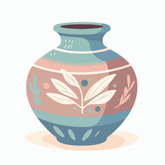 A blue and pink vase with a leaf design on it