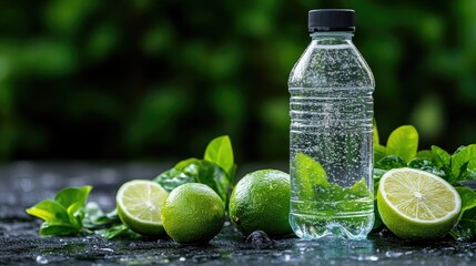 Refreshing lime flavored sparkling water in a plastic bottle, surrounded by fresh limes and leaves
