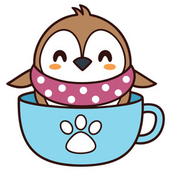 Cute Penguin in Blue Mug with Paw Print and Polka Dot Scarf,
