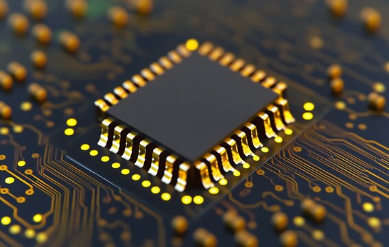 3D render of an integrated circuit chip with yellow and black colors, sitting on top of a circuit board, dark grey background, high resolution, high detail, 