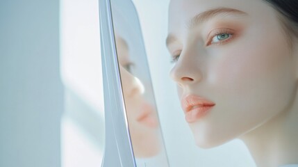 An AI driven smart mirror providing personalized skincare routines and beauty advice based on facial analysis, Beauty technology style, photo of