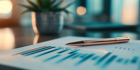 Rose gold pen rests on a document displaying teal bar graphs, suggesting business analysis or financial planning.  Clean, professional aesthetic ideal for business contexts.