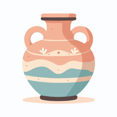 A colorful vase with a blue stripe on it