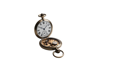 A vintage pocket watch with Roman numerals, slightly open