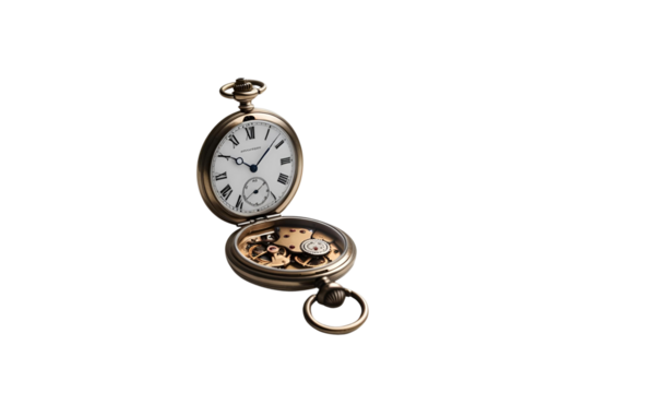 A vintage pocket watch with Roman numerals, slightly open