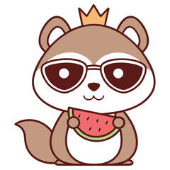 Cartoon Squirrel with Sunglasses and Crown Holding a Watermelon Slice, Isolated