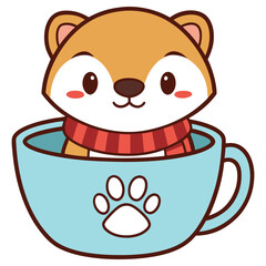 Cartoon Otter Inside Light Blue Cup with Scarf and Paw Print Isolated on White