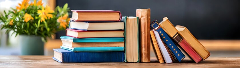 Hyperrealistic closeup of neatly stacked books on a wooden table indoor setting artistic composition