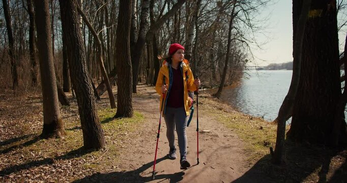 Backpacker hiker girl with hiking poles walking between trees in a mountain forest. Hispanic teenager in the woods