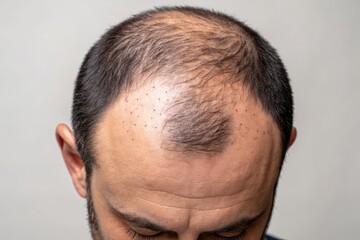 Obraz premium Man With Thinning Hair Looking Down at His Scalp Generative AI