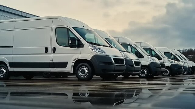 A row of white delivery vans parked in an industrial area with cloudy skies reflecting on wet pavement