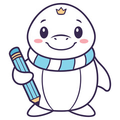 Cartoon Penguin Crowned with Pencil Wearing Scarf on White Background