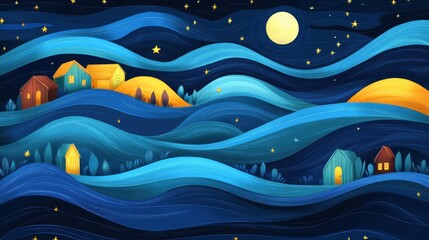 Dreamy Nightscape: Houses Beneath the Stars and Moonlit Waves