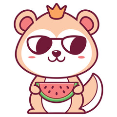 Cartoon Bear with Sunglasses, Crown Holds Watermelon with Transparent Background